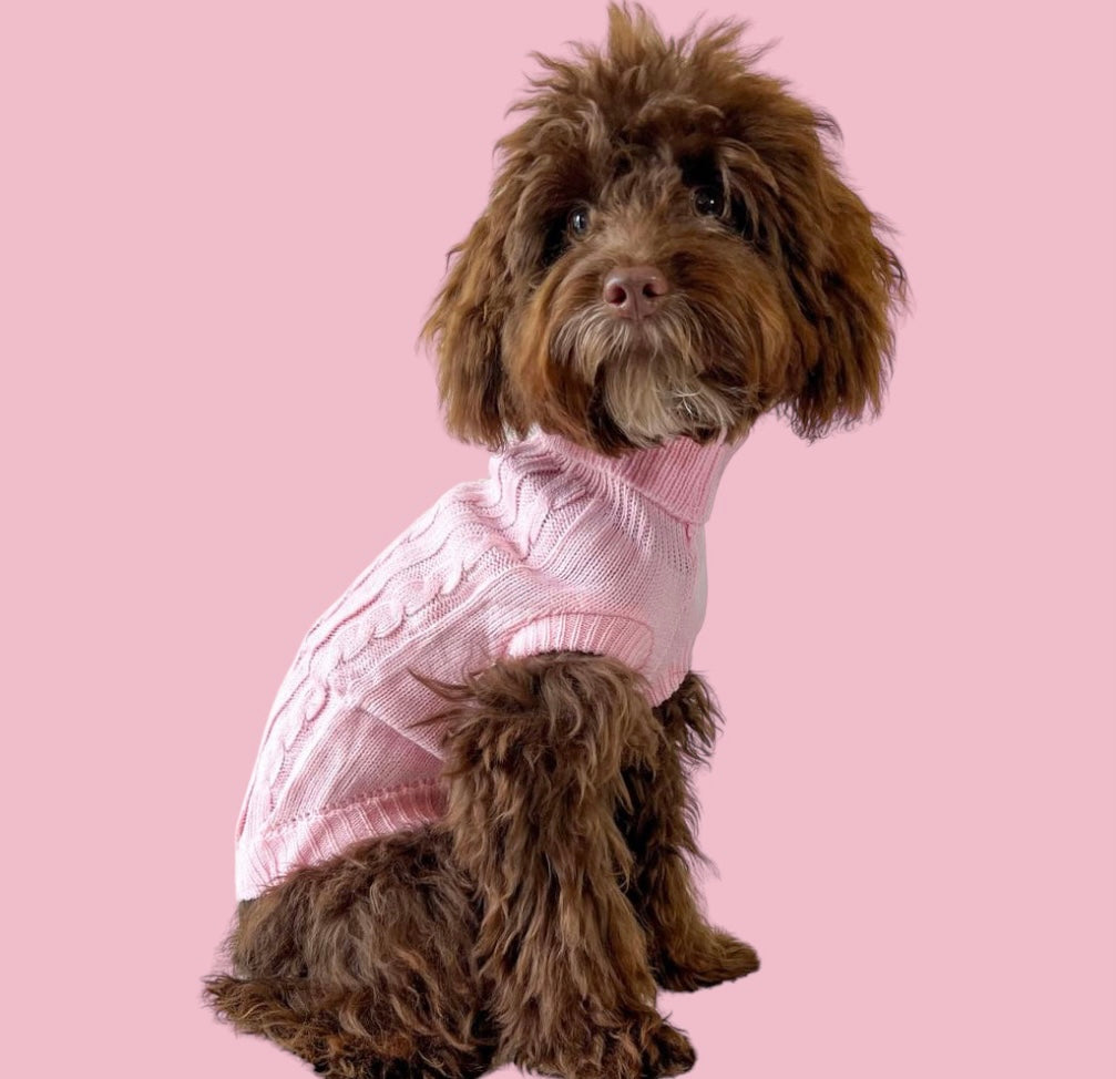 Fine Knit Cable Dog Jumper Baby Pink