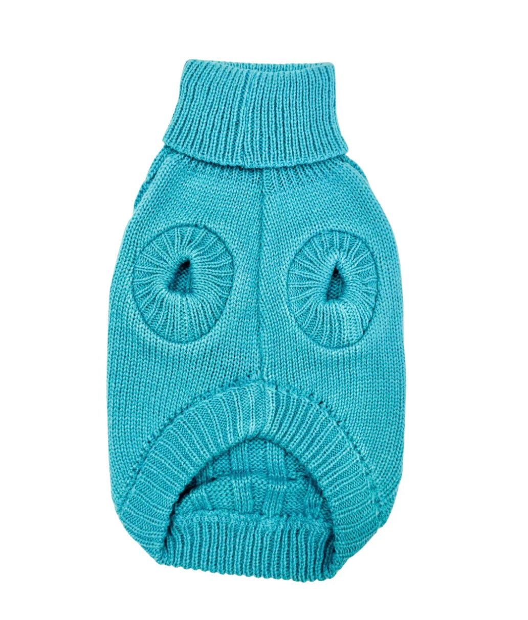Fine Knit Roll Neck Dog Jumper Aqua Blue