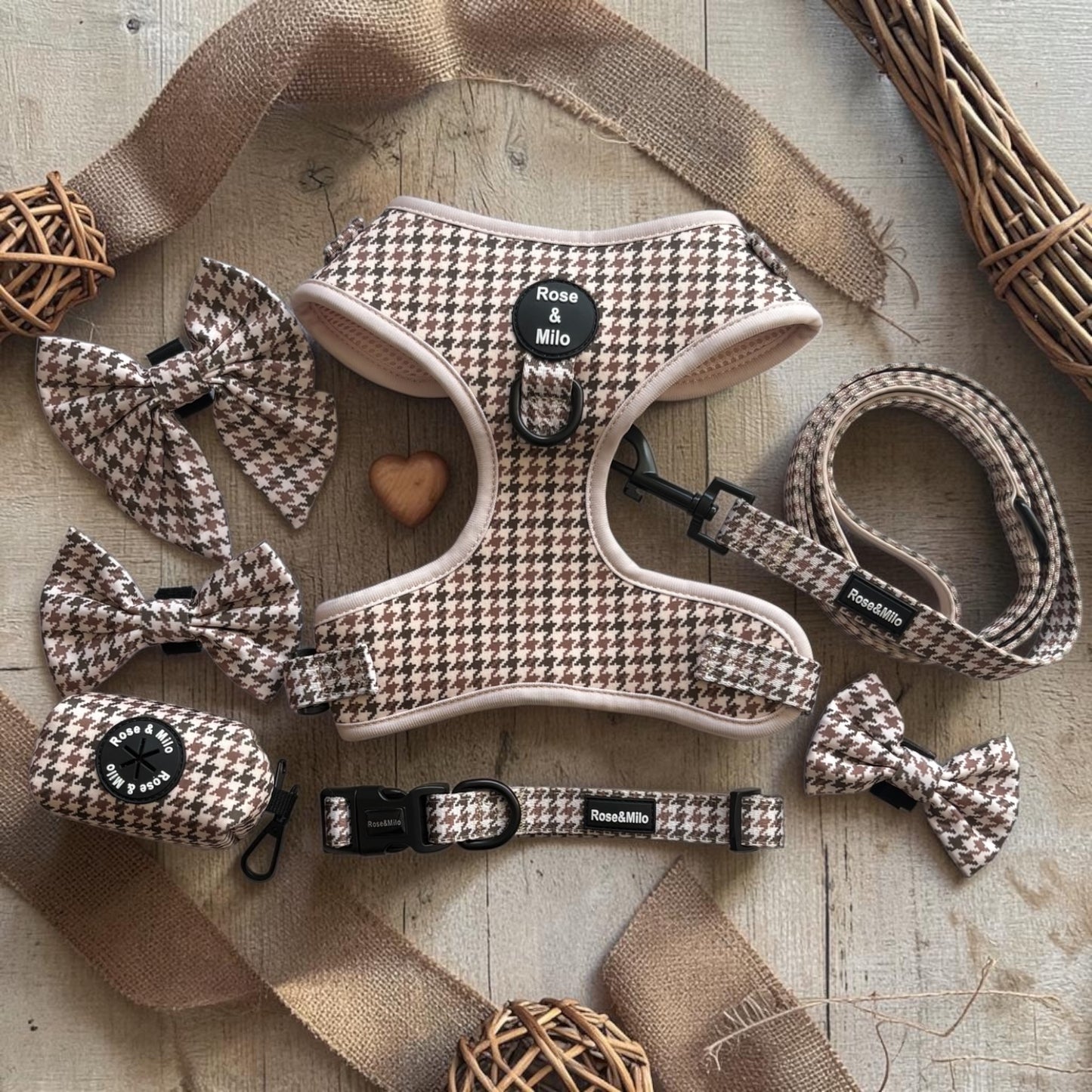 Beige Houndstooth Dog Sailor Bow