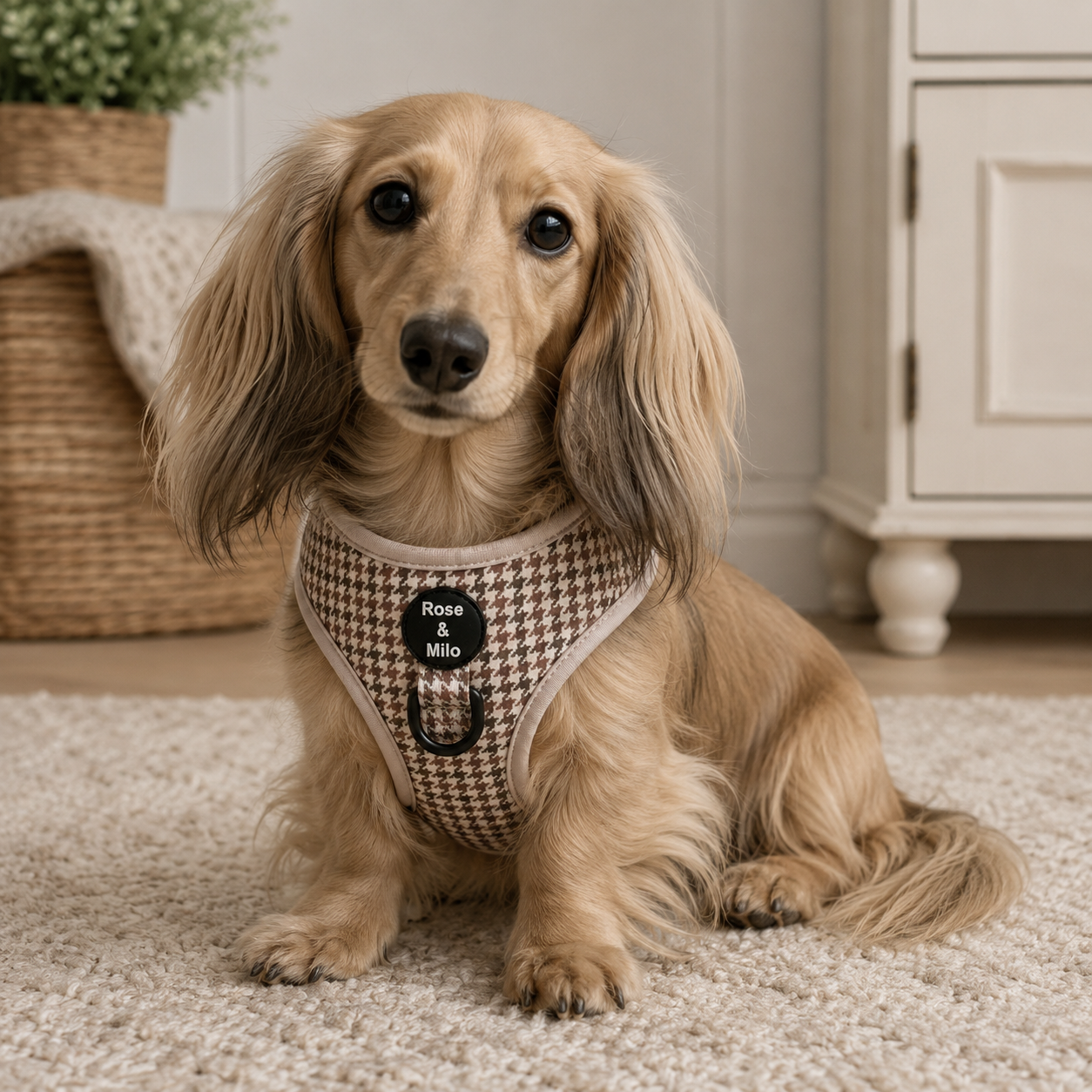 Beige Houndstooth Adjustable Dog Harness