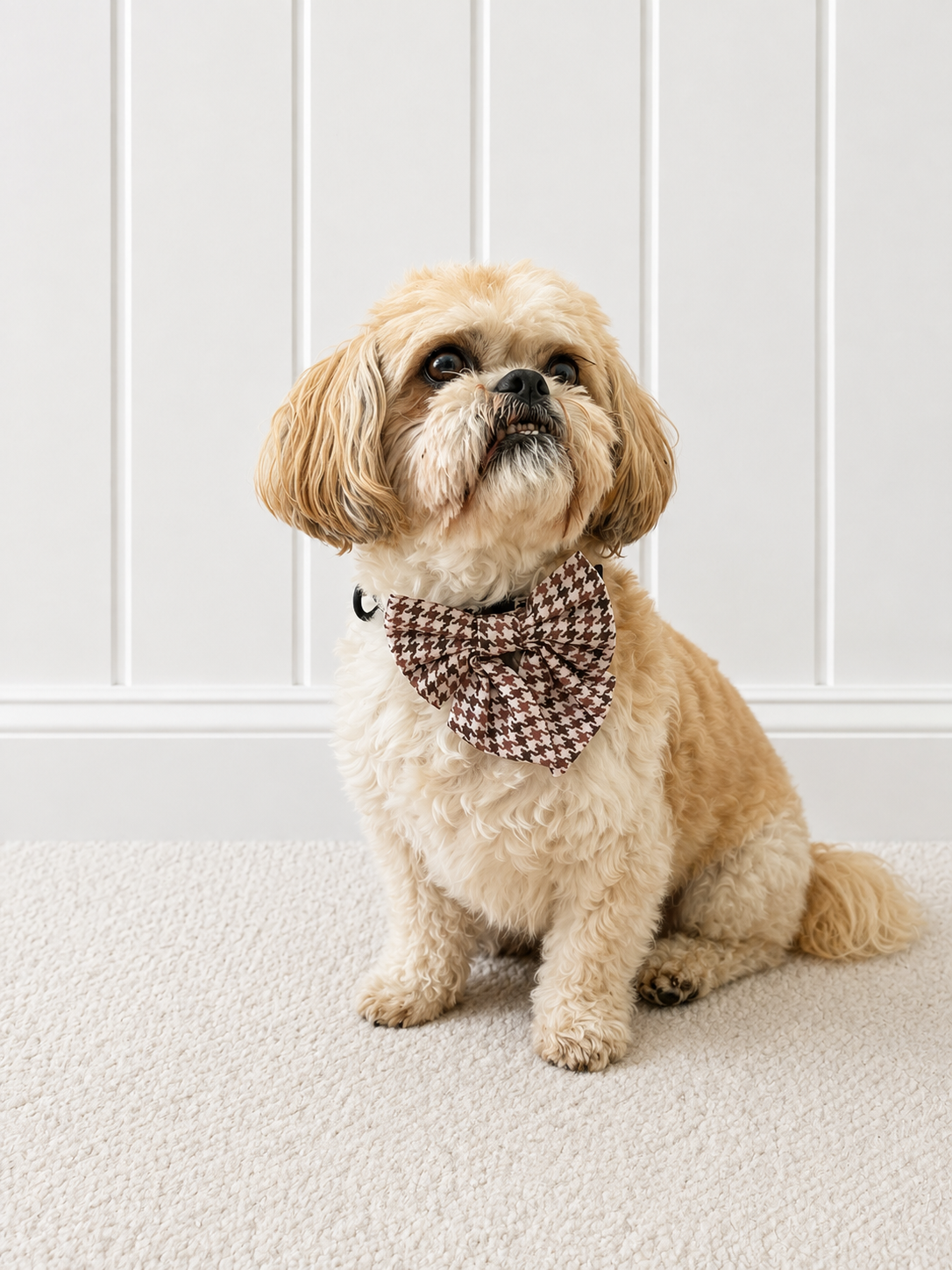 Beige Houndstooth Dog Sailor Bow