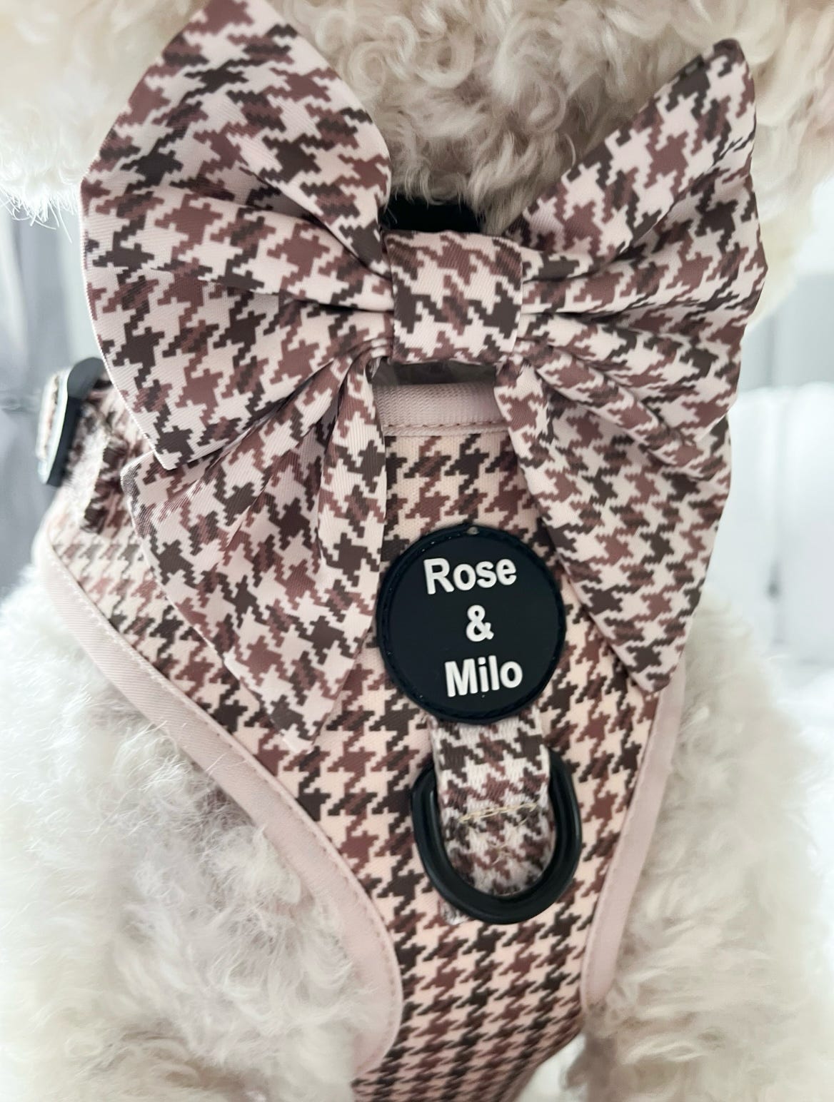 Beige Houndstooth Dog Sailor Bow