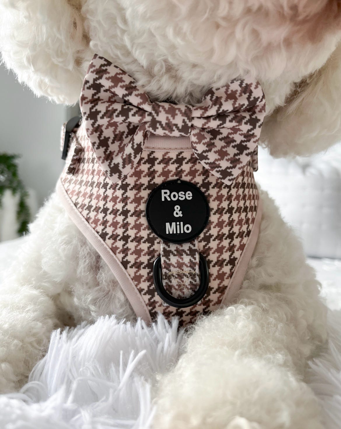 Beige Houndstooth Dog Bow Tie Small & Large