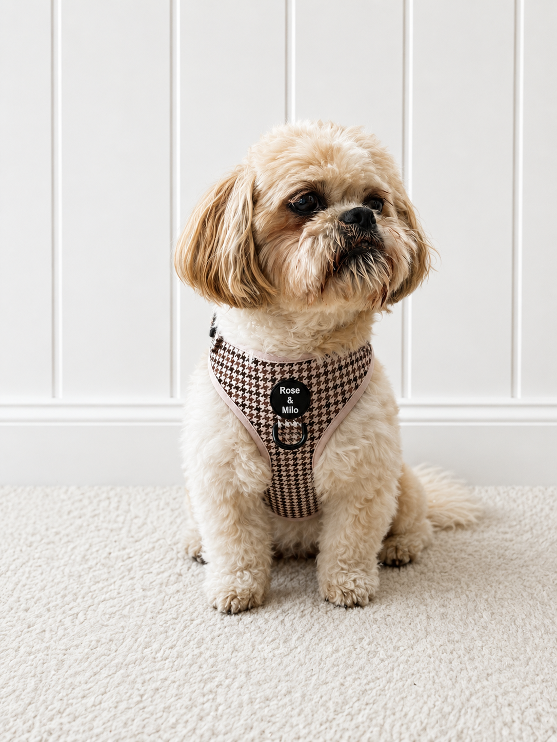 Beige Houndstooth Adjustable Dog Harness