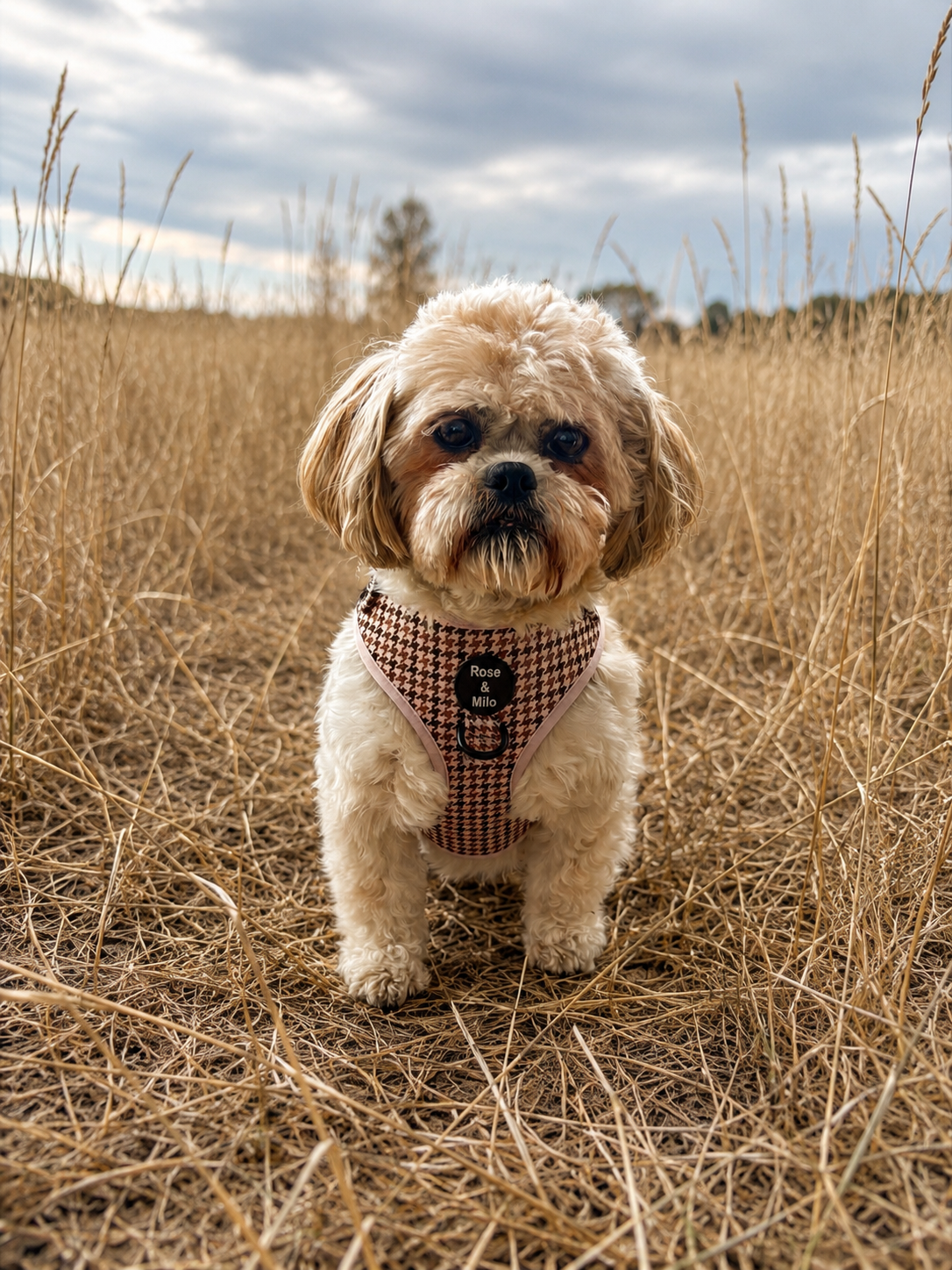 Beige Houndstooth Adjustable Dog Harness