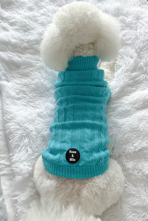 Fine Knit Roll Neck Dog Jumper Aqua Blue